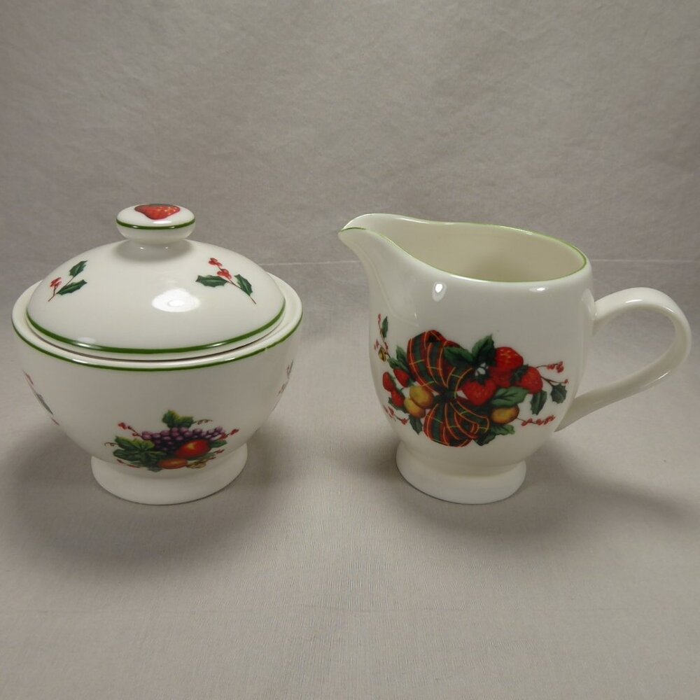 William James Holiday Fruit Cream and Sugar Bowl Strawberries Christmas Ribbon